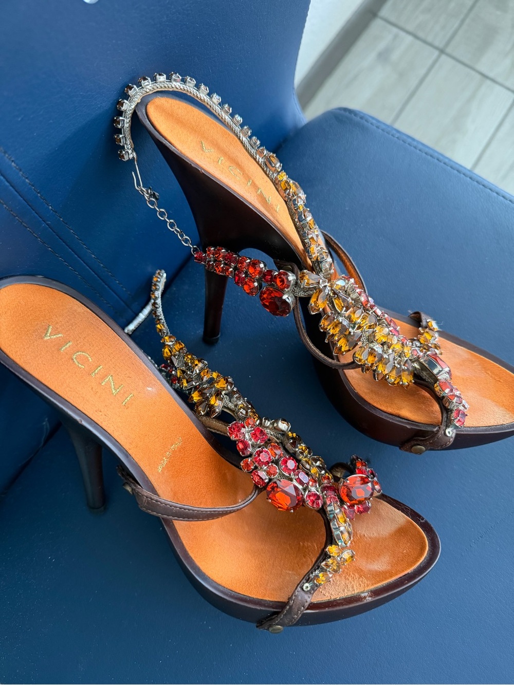 Giuseppe Zanotti Brown Leather Sandals with Red & Yellow Crystal Straps - Picture 3 of 6